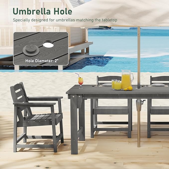 Furnimart 7-Piece Outdoor Dining Set, 67" HDPE Dining Table and Chairs for 6, All-Weather Patio Dining Set with Umbrella Hole, Outdoor Furniture Set for Backyard, Garden, Lawn & Poolside, Grey