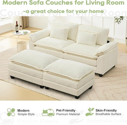 Oprisen 86" Modular Sectional Sofa, Comfy Cloud Couch Sectional Sofa with Ottoman, Chenille Sofa Sleeper Deep Seat Sofa with Throw Pillows for Living Room (Beige White)