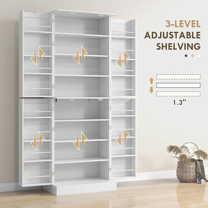 HOMCOM 65" Kitchen Pantry Storage Cabinet, Freestanding Kitchen Cabinet with 16 Door Shelves, Double Doors, 8-Tier Shelving and Adjustable Shelves, White