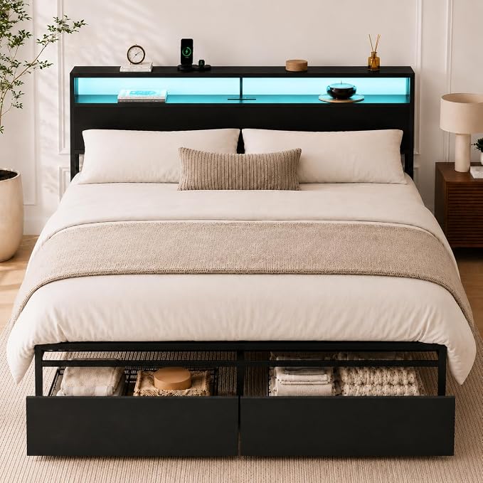 Zevemomo King Size Bed Frame with Storage Drawers, Bed Frame King Size with Headboard, LED Light, Charging Station with 2 USB Ports & 2 AC Ports, Noiseless, Black