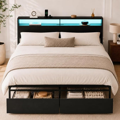 Zevemomo King Size Bed Frame with Storage Drawers, Bed Frame King Size with Headboard, LED Light, Charging Station with 2 USB Ports & 2 AC Ports, Noiseless, Black
