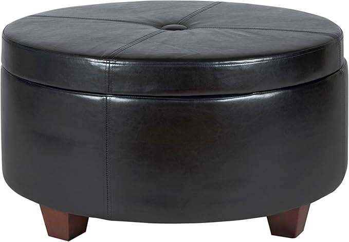 HomePop 32" Large Tufted Round Storage Ottoman - Black Faux Leather
