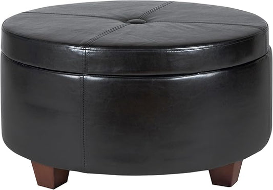 HomePop 32" Large Tufted Round Storage Ottoman - Black Faux Leather