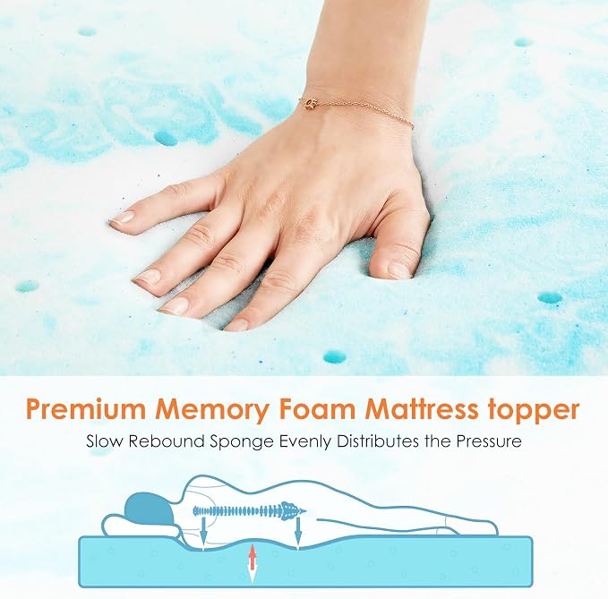 Sweetcrispy Mattress Topper King, 3 Inch Thick Memory Foam Gel Infused Cooling Pad for Pressure Relieve for King Size Bed, Sleeper Sofa, RV, Camper, CertiPUR US Certified, Ventilated and Breathable