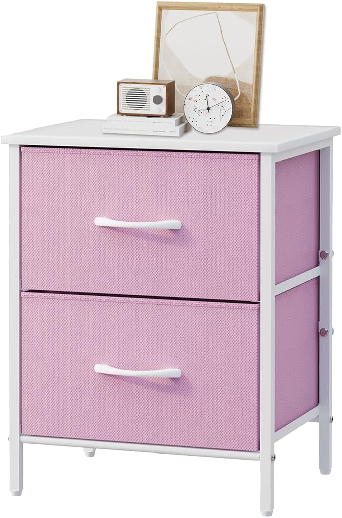 Stero Nightstand, Kids Dresser with 2 Drawers, Steel Frame Bedside Furniture, Wood Top Fabric Night Stand, Colorful End Table for Home, Bedroom, Office Pink