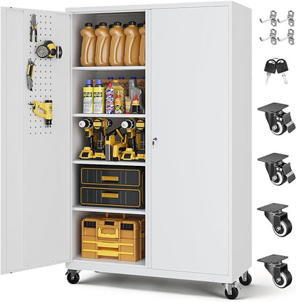 Metal Garage Storage Cabinet with Locking Doors and Adjustable Shelves, Wide & Deep Storage Cabinet on Wheels, 71" Rolling Tool Cabinet for Garage, Basement, Home Office