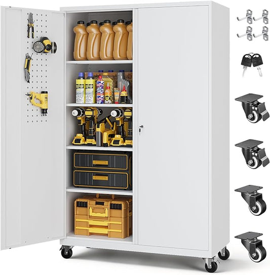 Metal Garage Storage Cabinet with Locking Doors and Adjustable Shelves, Wide & Deep Storage Cabinet on Wheels, 71" Rolling Tool Cabinet for Garage, Basement, Home Office