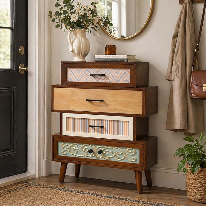 Ahokua Boho Accent Cabinet with Drawers, Narrow Storage Cabinet for Small Spaces, Multi-Drawer Chest for Entryway, Hallway or Living Room, 26"