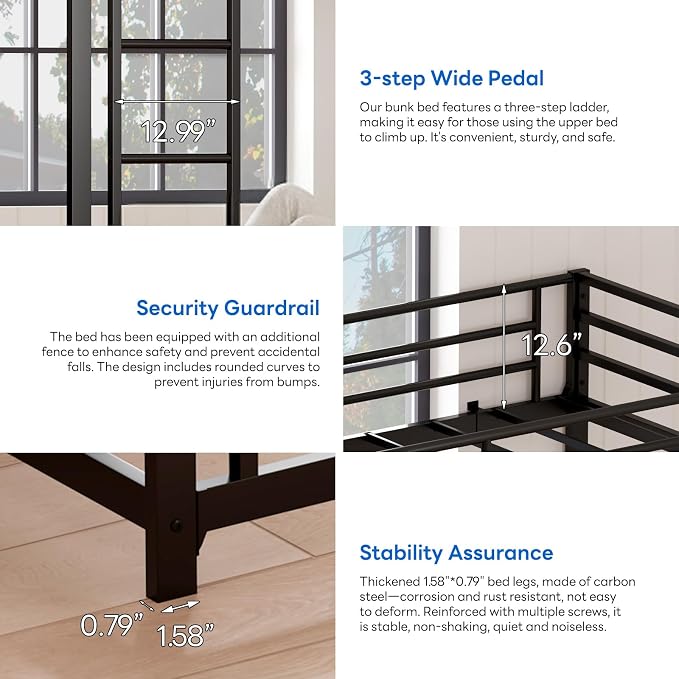 Low Metal Bunk Bed Frame for Kids, with Built-in Ladder, High Guardrail and Metal Slats, Floor Bed Bottom Bunk, No Boxspring Required, for Small Spaces, Twin-Over-Twin (Black)