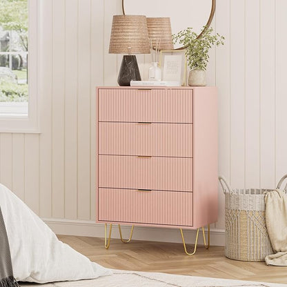 Masupu 4 Drawer Dresser, Drawer Chest, Tall Storage Dresser Chest Cabinet Organizer Unit with Gold Metal Legs, Nightstand for Bedroom, Living Room, Closet, Hallway Pink Stripe