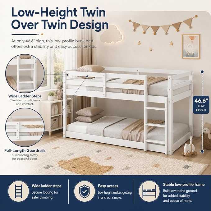 Twin Over Twin Bunk Bed, Low Profile Wooden Frame for Kids Bedroom, Floor Bunk with Ladder and Guardrails, Rubber Wood Construction, 13 Plywood Slats, No Box Spring Needed (White)