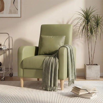 COLAMY Mid-Century Modern Accent Chair, Faux Leather Upholstered Living Room Chair with Back Pillow & Solid Wood Legs, Comfy Armchair for Living Room, Bedroom, Single Sofa, Light Green