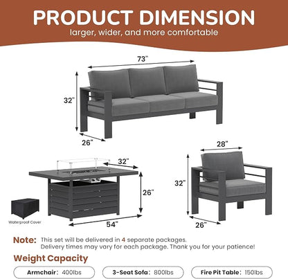 Solaste Aluminum Patio Furniture Set with Fire Pit Table, 4 Piece Metal Outdoor Furniture with Water-Resistant Cushions, Modern Patio Conversation Set for Balcony, Front Porch, and Backyard, Grey