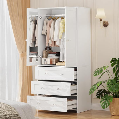 VOWNER Armoire Wardrobe Closet with Drawers and Mirror, 71" Clothing Storage Cabinet with Hanging Rod, 2 Doors Wooden Wardrobe Cabinet for Bedroom, Large Capacity Storage