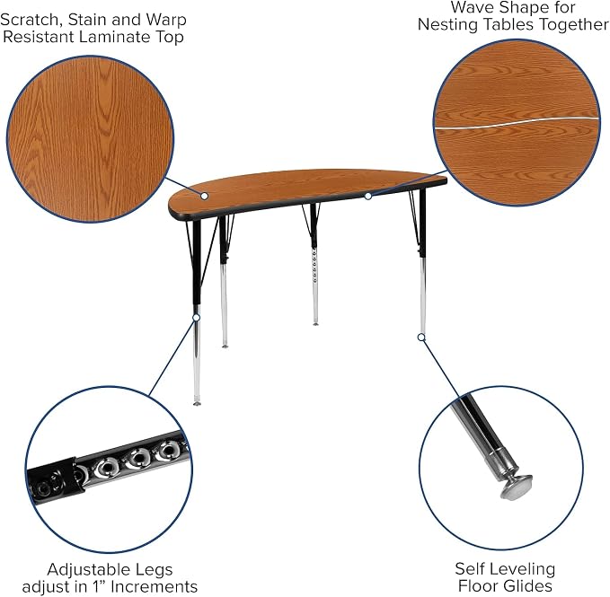 Flash Furniture 47.5" Half Circle Wave Collaborative Oak Thermal Laminate Activity Table - Standard Height Adjustable Legs