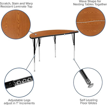 Flash Furniture 47.5" Half Circle Wave Collaborative Oak Thermal Laminate Activity Table - Standard Height Adjustable Legs
