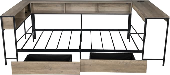 Bellemave Full Corner bedframe with Desk and Storage, Full Captains Bed with Charging Station and LED Light, Wood Daybeds with L-Shaped Bookcase and 2 Drawers, Grey