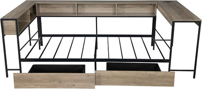 Bellemave Full Corner bedframe with Desk and Storage, Full Captains Bed with Charging Station and LED Light, Wood Daybeds with L-Shaped Bookcase and 2 Drawers, Grey