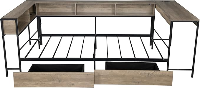 Bellemave Full Corner Bed Frame with Desk and Storage, Full Size Captains Bed with Charging Station and LED Light, Wood Daybeds with L-Shaped Bookcase and 2 Drawers, Grey
