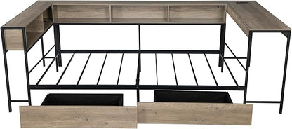 Bellemave Full Corner Bed Frame with Desk and Storage, Full Size Captains Bed with Charging Station and LED Light, Wood Daybeds with L-Shaped Bookcase and 2 Drawers, Grey