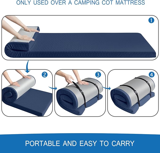 Memory Foam Camping Pad 3 Inch Thick, Soft Sleeping Pad with Waterproof Cover, Roll Up Cot Pad Topper for Travel Truck Bed Tent, Pad Only