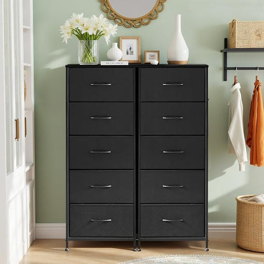 5 Drawers Dresser for Bedroom, Fabric Storage Tower Organizer with Wooden Top and Steel Frame, Tall Chest of Drawers for Closet, Entryway, Dorm, Black