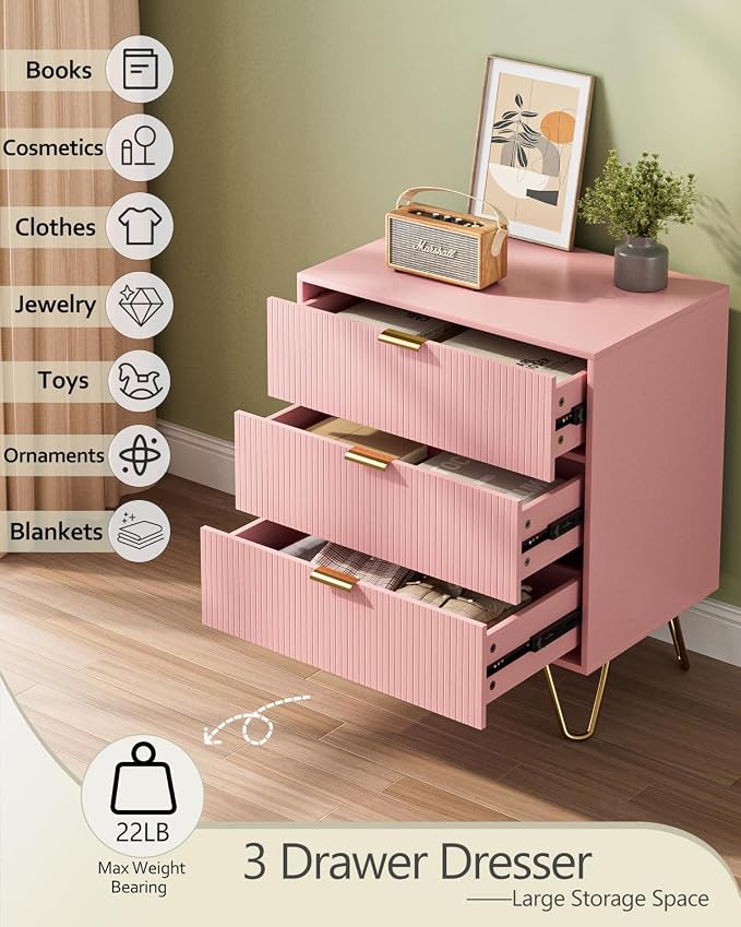 Fluted 3 Drawer Dresser for Bedroom, Modern Storage Bedroom Dresser Chest Cabinet Organizer with Anti-Tip Hardware for Living Room, Dressing Room, Kids Room, Office (Pink)