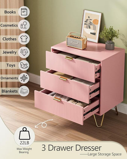 Fluted 3 Drawer Dresser for Bedroom, Modern Storage Bedroom Dresser Chest Cabinet Organizer with Anti-Tip Hardware for Living Room, Dressing Room, Kids Room, Office (Pink)