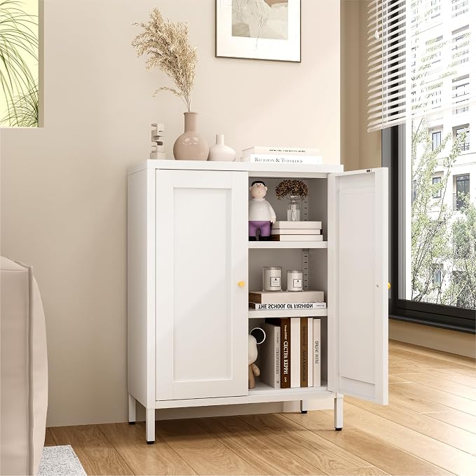 Metal Bathroom Cabinet, Small Floor Storage Cabinet, Freestanding Sideboard with 2 Adjustable Shelves for Living Room, Dining Room (White, 31.5" H-2 Doors)