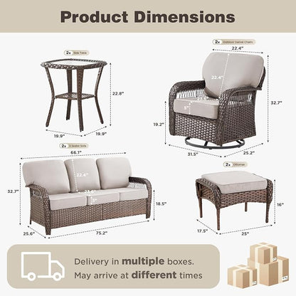 Belord Luxury Patio Furniture Set with 5-inch Thick Cushion, Outdoor Couch,Ottoman and High Back Swivel Rocker Patio Chairs, 8PCS Wicker Conversation Set for Deck Yard and Poolside,Beige