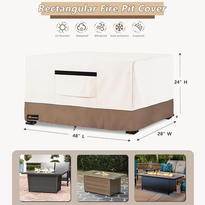 Fire Pit Cover Rectangular, Outdoor Heavy Duty 600D 100% Waterproof Tear-Resistant 48 Inch Fire Table Cover Rectangle, Patio Gas Fire Pit Table Covers, Beige 48" L x 28" W x 24" H