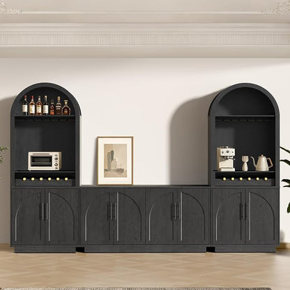 Arden Collection 3-Piece Home Bar Cabinet Set, Arched Sideboard and Tall Pantry Cabinets with LED Lighting, Charging Station, Wine Rack and Adjustable Shelves for Dining Room, Kitchen,Black Grey