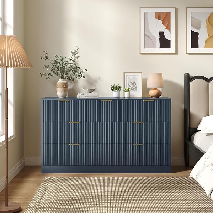 Navy Blue 7 Drawer Dresser for Bedroom, 55" Wide Fluted Chest of Drawers with Gold Metal Handles, Modern Wood Dresser Closet Storage Organizer Mid Century TV Stand for Living Room Hallway