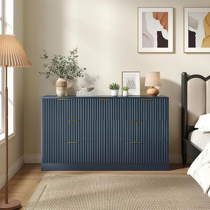 Navy Blue 7 Drawer Dresser for Bedroom, 55" Wide Fluted Chest of Drawers with Gold Metal Handles, Modern Wood Dresser Closet Storage Organizer Mid Century TV Stand for Living Room Hallway