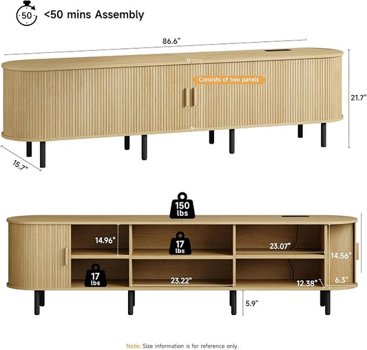 ONBRILL 86.6" TV Stand with Power Outlet for TVs up to 90 Inch, Entertainment Center with Storage and Adjustable Shelves, Modern Media Console with Sliding Doors for Living Room, Oak