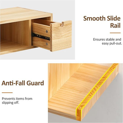 Afuly Floating Nightstand with Charging Station, Wall Mount Night Stand with Drawer Hanging Bedside Table End Table, Solid Wood Modern Side Table Shelf for Bedroom Natural Wooden Decor