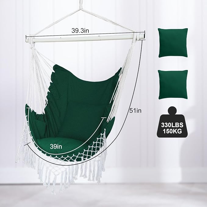 Hammock Chair, Hanging Rope Swing Seat with 2 Cushions,Macrame Hanging Chair Side Pocket with High Load-Bearing Metal Rod,for Indoor, Outdoor, Extra Comfortable (Green)