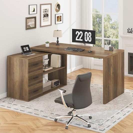 HSH L Shaped Office Desk with Drawers Shelves 55-76 Inch, Corner Computer Desk with Storage 360 Rotating Long for Work, Executive, Study, Writing, Teacher, Bedroom Modern Gaming Table Farmhouse