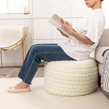 Round Pouf Ottoman 20 x 20 x 14 Inches Boho Poof Home Decor Floor Pouffe Ottoman Foot Rest for Couch Sofa Bean Bag Chairs Living Room Bedroom (Cream)