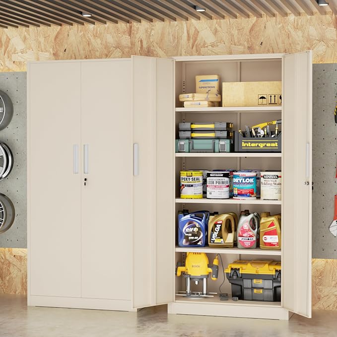 Bonusall 72" Metal Garage Storage Cabinet, 2 Locking Doors & 4 Adjustable Shelves Tall Storage, Heavy Duty Steel Tool Cabinet for Home, Office, Warehouse, School -Warm Gray