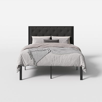 SHA CERLIN Full Size Metal Bed Frame with Linen Tufted Headboard, Dark Gray | Modern Design Heavy-Duty Platform Bed, No Box Spring Need, Linen Fabric Upholstery, Noise Free, Easy Assembly