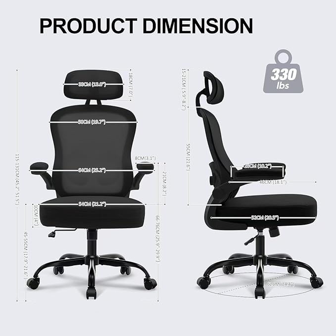Ergonomic Office Chair,Ultra Thick Spring Cushion Desk Chair,Black | Adjustable Lumbar Support and Headrest,Flip-up Arms,Rocking Function,Mesh Home Office Computer Chair