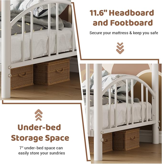 GarveeHome Metal Bunk Bed Twin Over Twin, Heavy Duty Bunkbeds Frame with Arched Guardrail and Safety Ladder, Sturdy Steel Bed for Kids Boys Girls, Space-Saving, No Box Spring Needed, Modern White