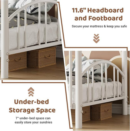 GarveeHome Metal Bunk Bed Twin Over Twin, Heavy Duty Bunkbeds Frame with Arched Guardrail and Safety Ladder, Sturdy Steel Bed for Kids Boys Girls, Space-Saving, No Box Spring Needed, Modern White