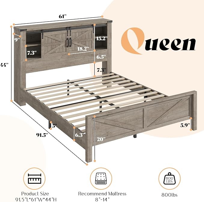 AMERLIFE 3-Piece Farmhouse Bedroom Set, Queen Size Bed with Sliding Barn Doors & Bookcase Headboard, 5-Drawer Tall Dresser, 4-Drawer Wide Dresser, Light Rustic Oak