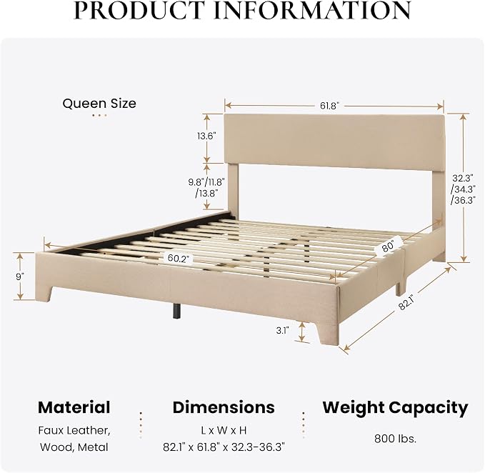 SHA CERLIN Linen Upholstered Queen Size Bed Frame with Headboard, Beige | Adjustable Low-Profile Platform Bed, Minimalist Design, Stable Mattress Foundation, Strong Back-Support, No Box Spring Needed