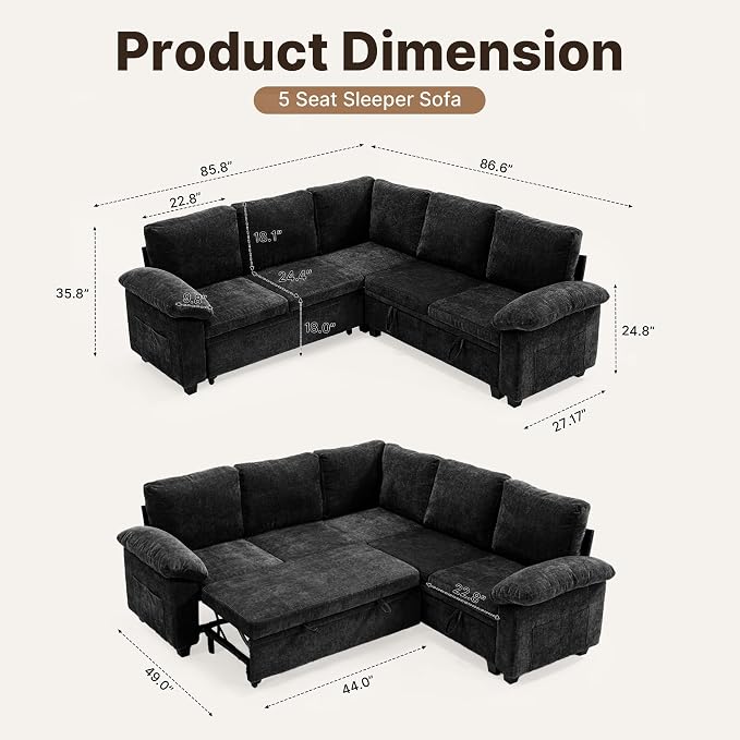 85" Modular Sectional Sofa Bed with Storage, L Shaped Pull Out Couch, Removable Chenille Sofa Cover for Living Room (Black, 5 Seat)