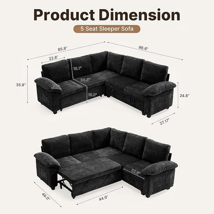 85" Modular Sectional Sofa Bed with Storage, L Shaped Pull Out Couch, Removable Chenille Sofa Cover for Living Room (Black, 5 Seat)