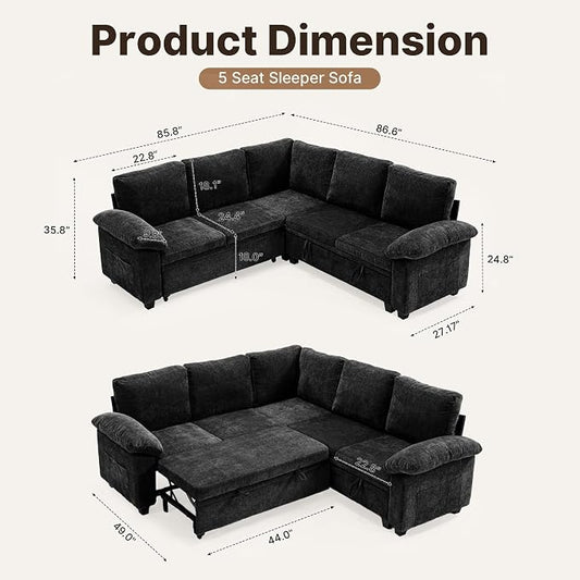 85" Modular Sectional Sofa Bed with Storage, L Shaped Pull Out Couch, Removable Chenille Sofa Cover for Living Room (Black, 5 Seat)