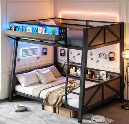 Bellemave Bunk Bed Twin Over Twin with LED, Heavy Duty Metal Bunk BedFrame with Storage Shelves and Lights, Black